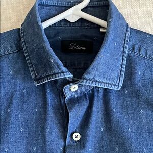 Lubiam Dark Blue Denim Chambray Button Down Shirt Medium 15.5 Made in Italy